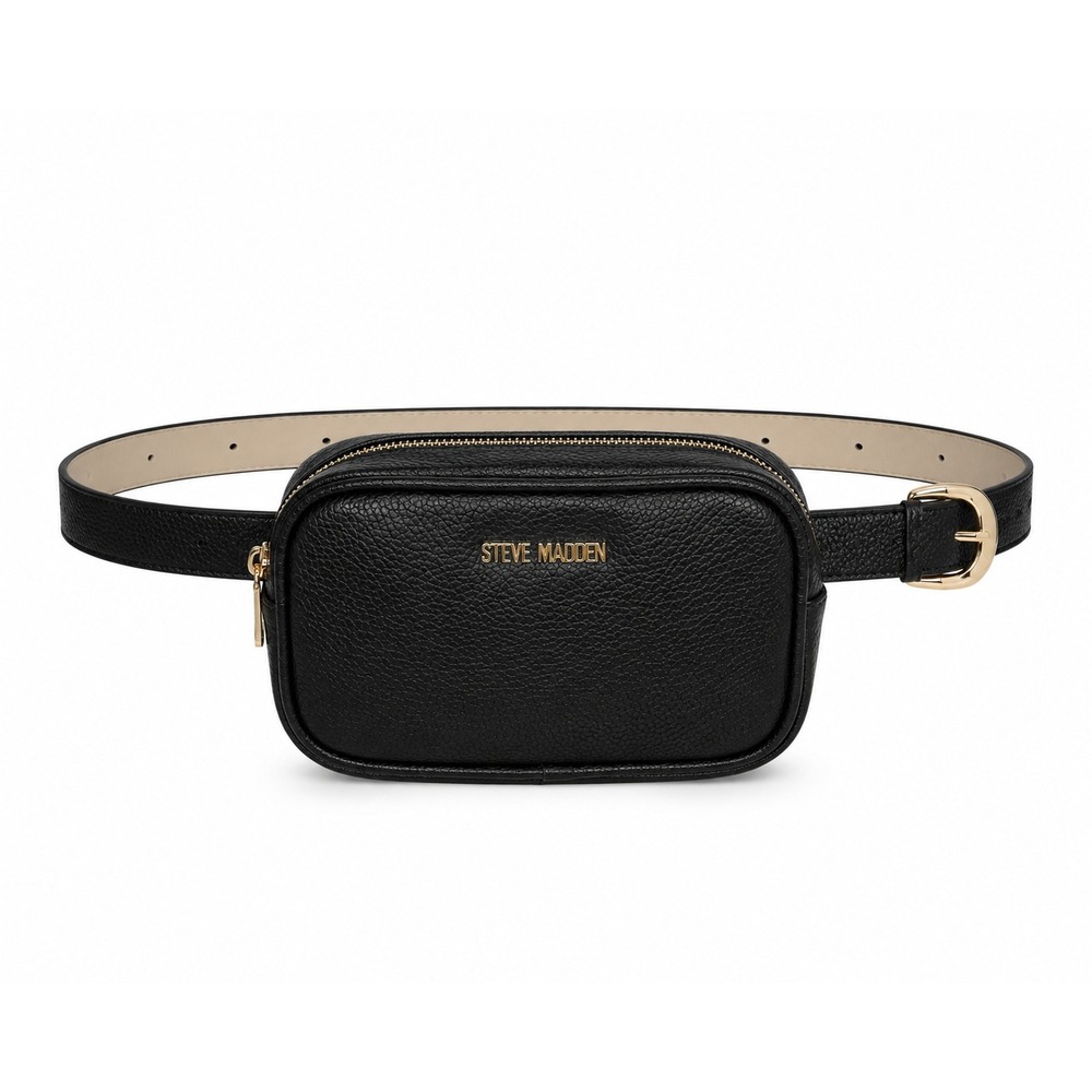 Steve Madden Womens Rectangle Belt Bag Fanny Pack Faux Leather Black Belt 43" L